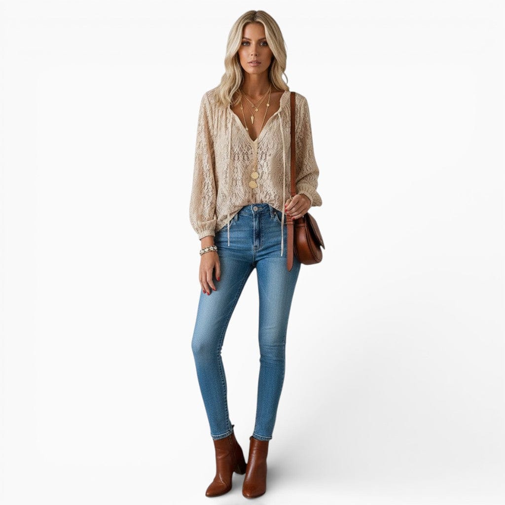 Hemsbury Blouses Khaki / S LARA V-Neck Lace Top