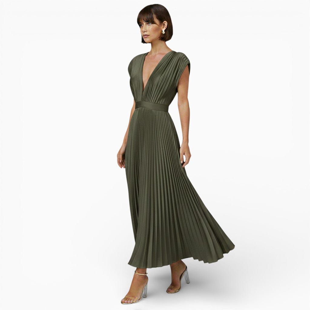 Hemsbury Dresses Green / S OLIVIA Pleated Satin Maxi Dress
